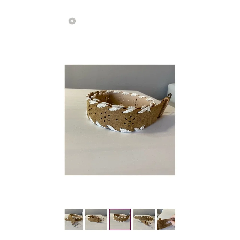 Tan Leather‎ Look Belt Eyelet Cutout White Stitching D Ring Buckle
